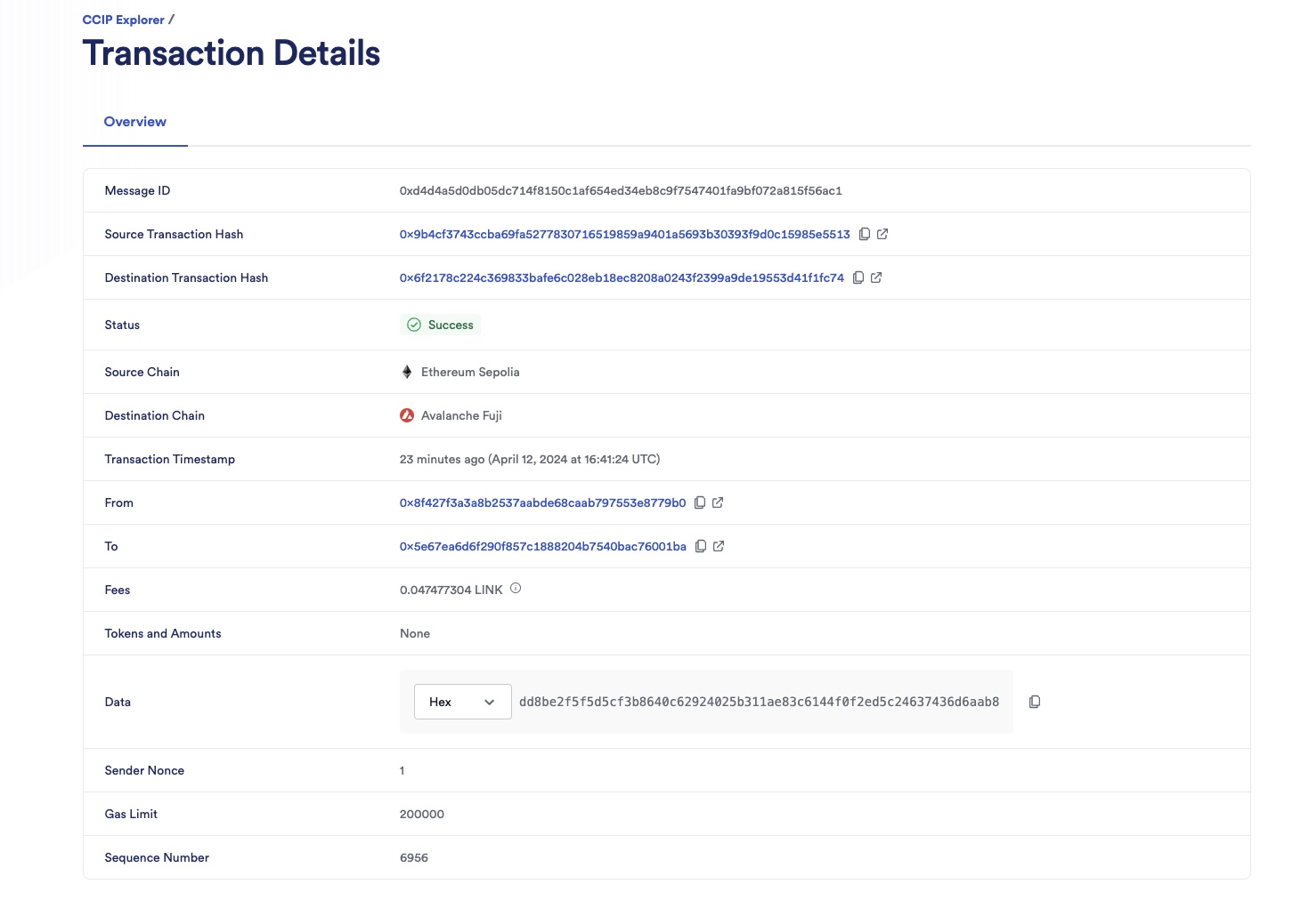 Chainlink CCIP - CCIP Explorer Sepolia to Fuji Transaction Success